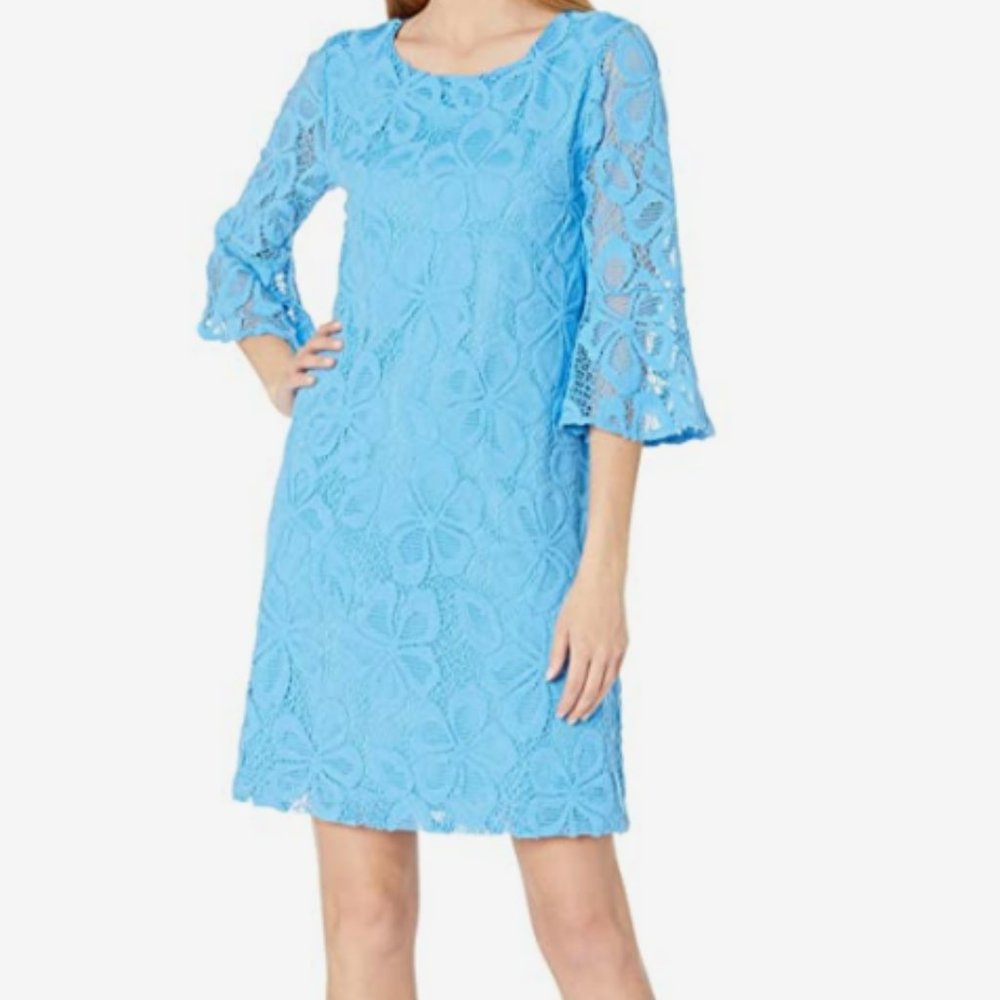 Lilly Pulitzer Ophelia Zanzibar Blue Flower Lace Bell Sleeve Large Swing Dress *